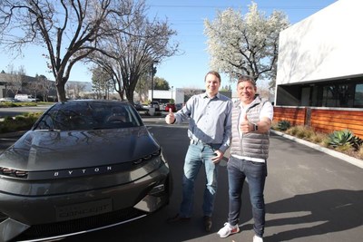 Chris Urmson, CEO and Co-Founder of Aurora, and Dr. Carsten Breitfeld, CEO and Co-Founder of BYTON, pose in front of BYTON Concept, following the announcement of a partnership between the two companies to jointly conduct pilot deployment of Aurora's L4 autonomous driving systems on BYTON vehicles