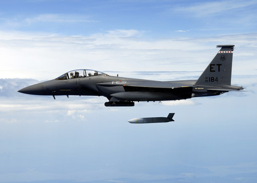 A U.S. Air Force F-15E Strike Eagle flies with a Joint Air-to-Surface Standoff Missile (JASSM). JASSM-Extended Range has more than two-and-a-half times the range of JASSM for greater standoff distance. Photo credit: U.S. Air Force.