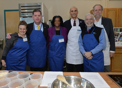 Representatives from Blue Cross Blue Shield of Massachusetts, Codman Square Health Center, Daily Table, the Dorchester YMCA, Healthworks Community Fitness, Outdoors Rx, a program of the Appalachian Mountain Club, and Union Capital Boston participated in a healthy cooking class to celebrate the launch of Dot Rx. The program connects Dorchester families with peer health coaches and local experiences that promote healthy living - including opportunities to eat healthy, get outside, and be active.