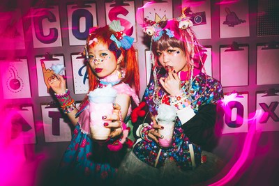 Kawaii Cosplay characters enjoy cotton candy from Totti Candy Factory Shop Harajuku during Moxy Tokyo Kinshicho's Playhouse party.