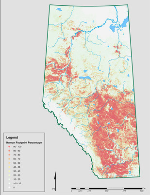Map of human footprint percentage in Alberta (2014) (CNW Group/Alberta Biodiversity Monitoring Institute)