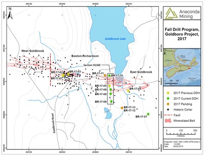 Exhibit A.  A map showing the location of the Goldboro Deposit projected to surface and the location of recent drill holes as well as historic drill collar locations. The drill holes associated with Section 9150E are seen in the black rectangle. (CNW Group/Anaconda Mining Inc.)