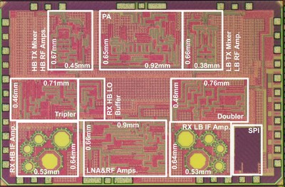 Figure 1. CMOS wireless transceiver chip that achieved wireless communication at 120 Gbps