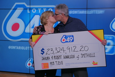 Sandra and Robert Donaldson of Smithville are all smiles after winning the $23.3 million LOTTO 6/49 jackpot from the January 27, 2018 draw. (CNW Group/OLG Winners)