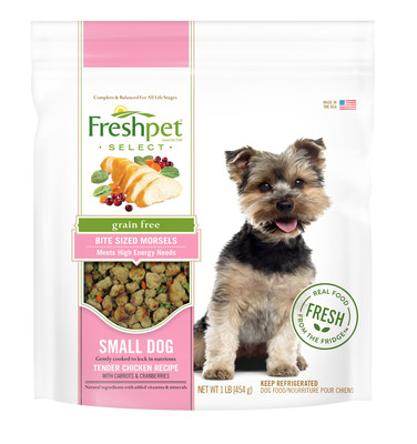 The Freshpet Select Small Dog meal features tender, bite-sized morsels of 100 percent US farm-raised chicken that are just the right size for the smallest of our furry family members. The recipe is formulated with targeted levels of protein and fat to support small dog high-energy requirements and is also grain-free, making it ideal for dogs with grain allergies as well as sensitive skins, coats, or stomachs. The tender chicken is perfectly complemented by antioxidant rich carrots and cranberrie