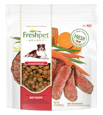 Freshpet Select Beef Roasted Meal (1.5 lbs): Made with 100 percent natural farm-raised beef, this meal is complemented by antioxidant-rich garden vegetables such as sweet potatoes, green beans and carrots.