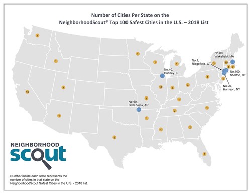 Number of Cities Per State on the  NeighborhoodScout® Top 100 Safest Cities in the U.S. - 2018 List