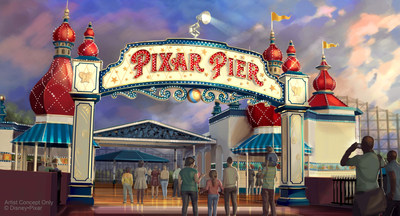 PIXAR PIER MARQUEE AT DISNEY CALIFORNIA ADVENTURE (ANAHEIM, Calif.) – When Pixar Pier opens on June 23 at Disney California Adventure park, guests will enter the permanent new land through a dazzling new Pixar Pier marquee. This reimagined land will feature four whimsical neighborhoods representing beloved Pixar stories with newly themed attractions, foods and merchandise. The Pixar Pier marquee will be topped with the iconic Pixar lamp later in the year. (Disney•Pixar/Disneyland Resort)