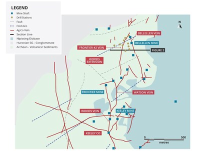 Figure 1. Bedrock geology and location of drilling stations in the 2017 drilling program. Silver-cobalt veins shown are compiled from historic maps and locations shown not be considered exact. (CNW Group/First Cobalt Corp.)