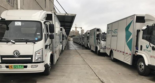 Some of the 500 licensed and plated Dongfeng Special Vehicle box van trucks, powered by Ballard fuel cell stacks (CNW Group/Ballard Power Systems Inc.)