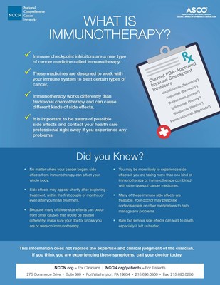 Understanding Immunotherapy Side Effects, an infographic from NCCN and ASCO. This information does not replace the expertise and clinical judgment of the clinician. If you think you are experiencing these symptoms, call your doctor today.