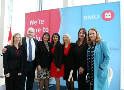 From left: Lisa Milburn, CMO BMO Wealth Management & Executive Sponsor BMO for Women; Andrew Irvine, Head of BMO Customer Solutions, Canadian Personal & Business Banking; Susan Brown, BMO SVP, Alberta & NWT; Hon. Bardish Chagger, Minister of Small Business & Tourism, Government of Canada; Clare Beckton, Executive in Residence CREWW, Carleton University; Janice McDonald, President, The Beacon Agency; Catherine Roche, BMO Head of Marketing & Strategy. (CNW Group/BMO Financial Group)