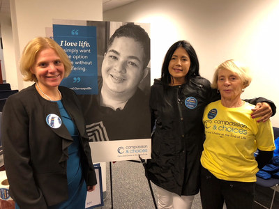 Compassion & Choices CEO Kim Callinan, photo of deceased medical aid-in-dying advocate Miguel Carrasquillo, Miguel's mother, Nilsa Cedeno and Compassion & Choices board member Samantha Sander