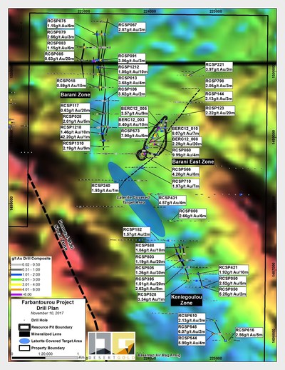 Figure 1: Locality plan of the Farabantourou Prospects with historic drill results (CNW Group/Desert Gold Ventures Inc.)