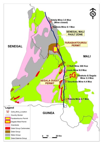 *Figure 2: Location of Desert Gold’s Segala Ouest and Farabantourou exploration permits in western Mali (CNW Group/Desert Gold Ventures Inc.)