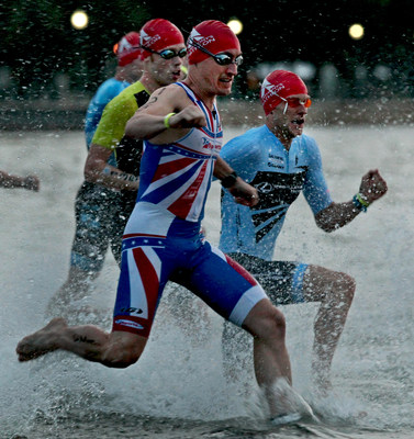 Athletes enter the water for the start of the St. Anthony's Triathlon last year. Photo courtesy of the St. Anthony's Triathlon