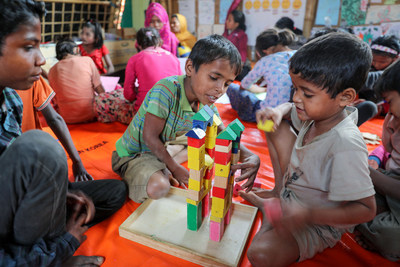 Refugee children play in a Save the Children-supported Child-Friendly Space in a settlement in Cox’s Bazar, Bangladesh on January 18, 2018. Photo Credit: Turjoy Chowdhury, Save the Children.