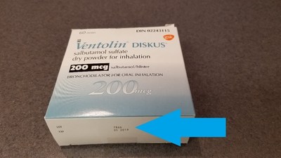 GlaxoSmithKline Notification of Recall VENTOLIN (salbutamol sulphate) DISKUS Lot 786G. Note arrows showing LOT: 786G EXP: 05/2019. (CNW Group/GlaxoSmithKline Inc.)