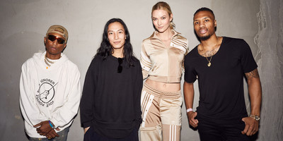 From L to R Pharrell Williams, Alexander Wang, Karlie Kloss and Damian Lillard at the adidas 747 Warehouse St Festival