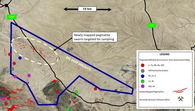 Figure 2 – Mineral Occurrences and Pegmatites Showing Newly Mapped Pegmatite Swarm on Warmbad Exclusive Prospecting Licence (CNW Group/Namibia Rare Earths Inc.)