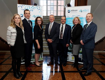 Leaders announced this unprecedented global partnership, including (l-r) Alison Quinn and Killian O'Driscoll of NIBRT; Kathy Gallagher of Jefferson; Dominic Carolan of NIBRT; Ron Kander of Jefferson; Mary Lynne Bercik '90, of Jefferson Institute for Bioprocessing; and Michael Lohan of IDA Ireland.