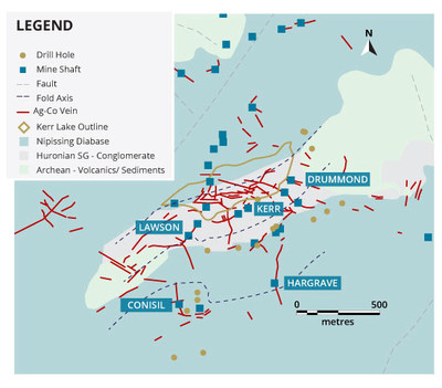 Figure 1. Bedrock geology of the Drummond-Kerr-Conisil area. Silver-cobalt veins are compiled from historic maps and projected to surface. (CNW Group/First Cobalt Corp.)