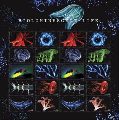 Although these stamps do not glow in the dark, they do incorporate a special effect. The stamp pane was produced using a proprietary rainbow holographic material that is highly reflective in white light. The stamps were produced using special techniques to enhance the reflective qualities of the material while maintaining the depth of color and detail of the individual images. The rainbow pattern imparts a sense of movement and light to the stamp pane.