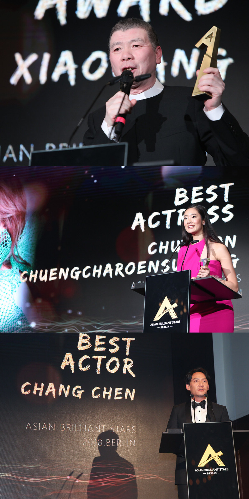 Feng Xiaogang, Premio Especial del Jurado（arriba）; Chutimon Chuengcharoensukying, Mejor Actriz （centro）; Chang Chen, Mejor Actor (abajo) (PRNewsfoto/Asian Brilliant Stars)