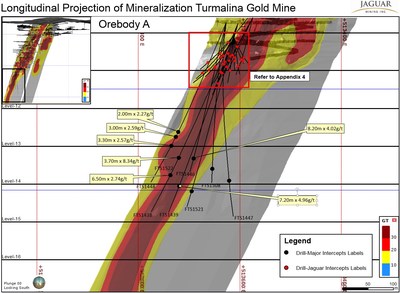 Figure 1 - Longitudinal Projection of Mineralization Turmalina Gold Mine (CNW Group/Jaguar Mining Inc.)