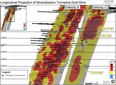 Figure 2 - Longitudinal Projection of Mineralization Turmalina Gold Mine (CNW Group/Jaguar Mining Inc.)