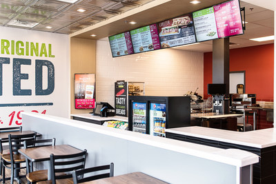 Quiznos' newly redesigned interior layout includes a dedicated spot for picking up online orders and orders made through the Toasty Points loyalty mobile app, as well as seating with power outlets to keep devices charged throughout a customer's visit.