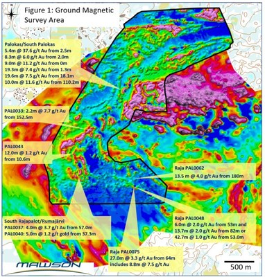 Figure 1: Detailed ground magnetic coverage and representative drill results from drilling prior to 2018 at Rajapalot in Finland. (CNW Group/Mawson Resources Ltd.)