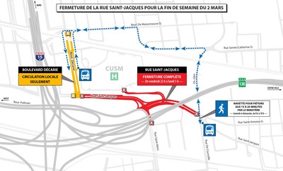 Fermeture de la rue Saint-Jacques pour la fin de semaine du 2 mars (Groupe CNW/Ministère des Transports, de la Mobilité durable et de l'Électrification des transports)