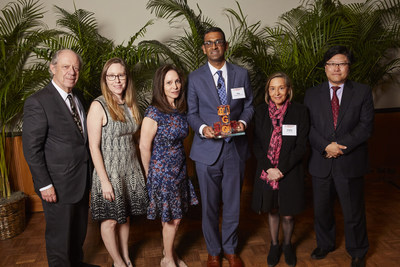 The Gale and Ira Drukier Prize in Children's Health Research was awarded to a Harvard hematologist. Pictured here: Ira Drukier, Weill Cornell Medicine Overseer, Jennifer Birnbaum, Dr. Gale Drukier, Dr. Vijay Sankaran, Dana-Farber/Boston Children’s Cancer and Blood Disorders Center and Harvard Medical School, Dr. Virginia Pascual, the Drukier Director of the Gale and Ira Drukier Institute for Children’s Health, Dr. Augustine M.K. Choi, the Stephen and Suzanne Weiss Dean of Weill Cornell Medicine.