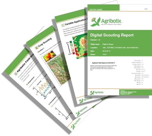 The Digital Scouting Report presents the analysis of data Agribotix FarmLens Digital Scouting Report from an agricultural drone to help farmers identify problems, increase yields and decrease use of expensive inputs like fertilizer.