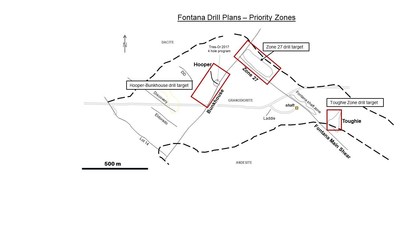 Map 1: Proposed drill traces:  4 priority mineralization zones at the Fontana Gold Project. (CNW Group/Tres-Or Resources Ltd.)