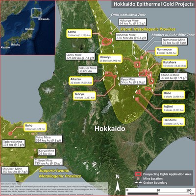 Figure 1, Japan Gold, Hokkaido Project Locations and Gold Bearing Provinces (CNW Group/Japan Gold Corp.)