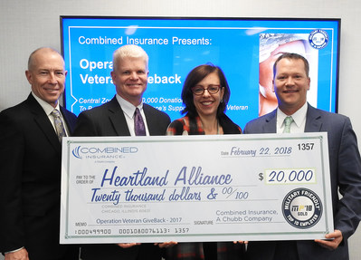 Combined Insurance Donates $20,000 to Heartland Alliance. Pictured from L to R: Bob Wiedower, Vice President of Sales Development and Military Programs, Combined Insurance; Kevin Goulding, President of Combined Insurance; Betsy Leonard, Vice President of Engagement at Heartland Alliance; Israel Stacy, Senior Vice President and Zone Manager at Combined Insurance