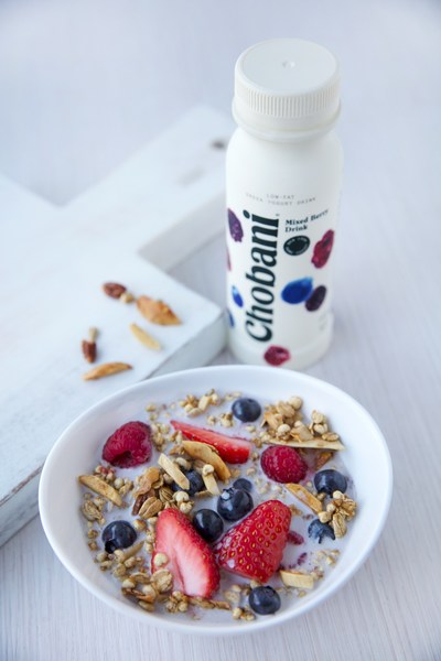 The Mixed Berry Breakfast Bowl is served with Chobani® Mixed Berry Greek yogurt drink.