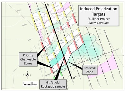 Figure 1: Plan map of Faulkner Property showing results of Abitibi Geophysics OreVision(TM) Induced Polarization survey. (CNW Group/Orford Mining Corporation)