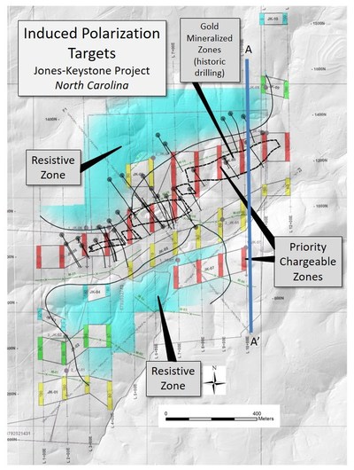 Figure 3: Plan map of Jones Keystone Property showing results of Abitibi Geophysics OreVision(TM) Induced Polarization survey relative to location of historical mineralization. (CNW Group/Orford Mining Corporation)