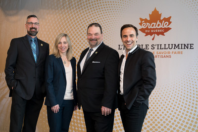 Simon Trépanier, FPAQ Executive Director; Nathalie Langlois, FPAQ Director of Promotion, Innovation and Market Development; Serge Beaulieu, FPAQ President and Sébastien Benoît, event host. (CNW Group/Federation of Quebec Maple Syrup Producers)