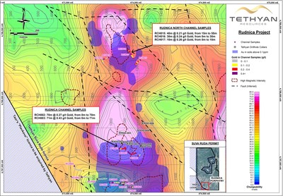 Figure 1: The locations of the channel samples are shown overlying the DCIP chargeability data interpretation at 200m elevation (approximately 200 – 300 m below surface), also shown are the locations of magnetic highs as defined by Tethyan’s ground magnetic survey, Tethyan’s drillhole collars, and areas where soil sampling returned greater than 0.1 g/t gold. (CNW Group/Tethyan Resources PLC)