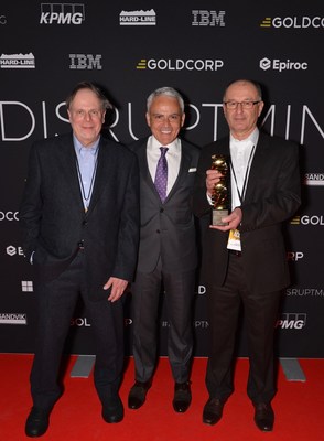 From left: Jacques Guigné, CEO and Chief Scientist Professor, Acoustic Zoom; David Garofalo, CEO, Goldcorp Inc.; Gary Dinn, Vice President, Marketing, Acoustic Zoom (CNW Group/Goldcorp Inc.)