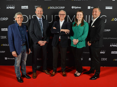 The #DisruptMining judges, from left: Rob McEwen, Founder and CEO, McEwen Mining; Todd White, COO, Goldcorp Inc.; Wal van Lierop, President & CEO, Chyrsalix Venture Capital; Veronica Knott, University of British Columbia Mining Engineering student and 2017 Engineers Canada Gold Medal Student Award recipient; George Salamis, President & CEO, Integra Resources (CNW Group/Goldcorp Inc.)