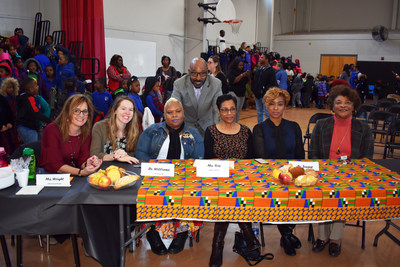 Judges for the Chester Community Charter School (CCCS) kindergarten and first-grade Oratorical Contest included (front row, seated, from left):Stephanie Wright, student service coordinator; Susanne Cianfaro, student service coordinator/social worker; Dr.Kwame Williams, principal, Freedom Hall; Ms. Annette Ray, executive assistant; Dr. Belinda Jessup, director, Literacy, and Dr. Linda Portlock, deputy superintendent. Dr. David Clark, CCCS, CEO is shown standing, center.