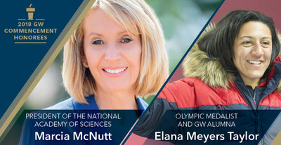 President of the National Academy of Sciences Marcia McNutt and three-time Olympic medalist and GW alumna Elana Meyers Taylor are the 2018 GW Commencement honorees.