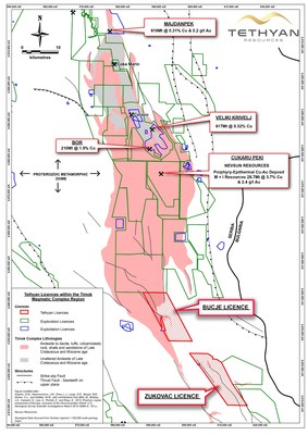 Figure 1: Location of the Bucje and Zukovac exploration licenses recent awarded to Tethyan within the Timok Magmatic Complex, Eastern Serbia. (CNW Group/Tethyan Resources PLC)