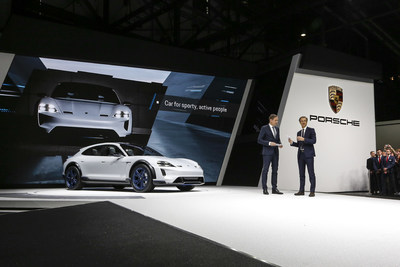 Geneva International Motor Show 2018: Oliver Blume, Chairman of the Executive Board of Porsche AG and Michael Mauer, Vice President Style Porsche, presenting the concept study Mission E Cross Turismo