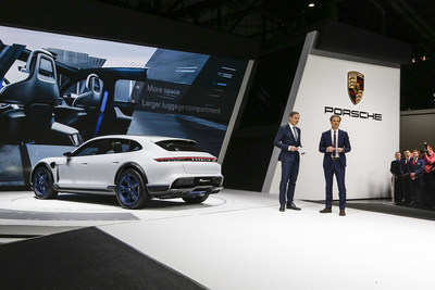 Geneva International Motor Show 2018: Oliver Blume, Chairman of the Executive Board of Porsche AG and Michael Mauer, Vice President Style Porsche, presenting the concept study Mission E Cross Turismo